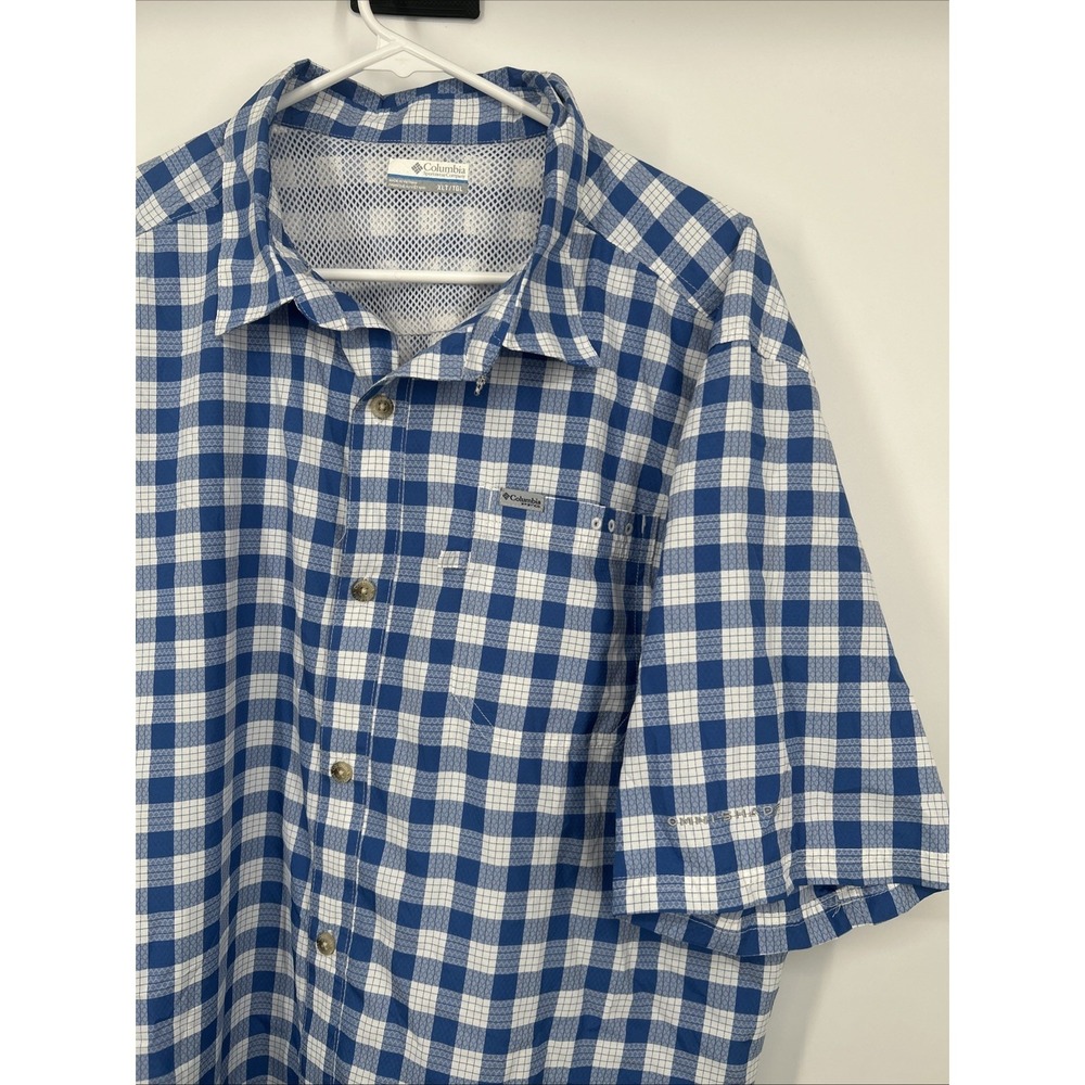 Columbia Mens XLT PFG Omni-Shade Shirt Blue Plaid Check Short Sleeve Vented